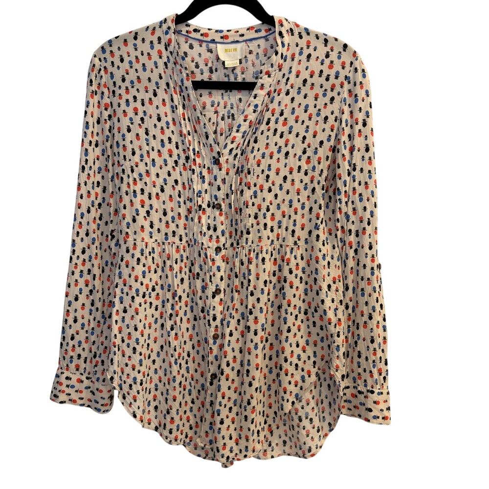 Maeve Anthropologie Calia Top Hat Pintuck Blouse Novelty Print Button Up Size 6